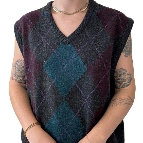 Vintage 1970s LL Bean Mens Lambswool Argyle Preppy Scottish Sweater Vest Sz L - Picture 4 of 9